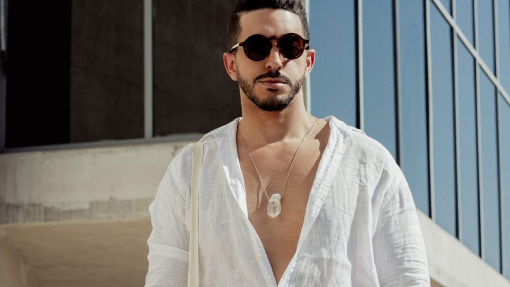 A man posing in a white shirt and sunglasses.