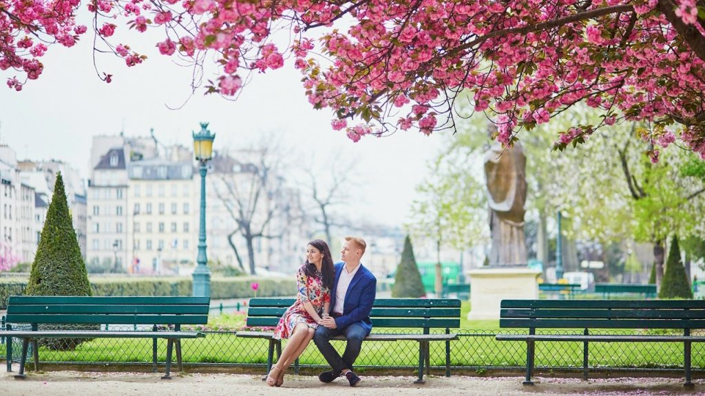 Couple in love having a date under pink cherry blossom trees tourists visiting paris at spring.