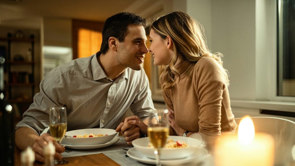A playful couple is about to kiss each other while they are sitting at a dinner table.