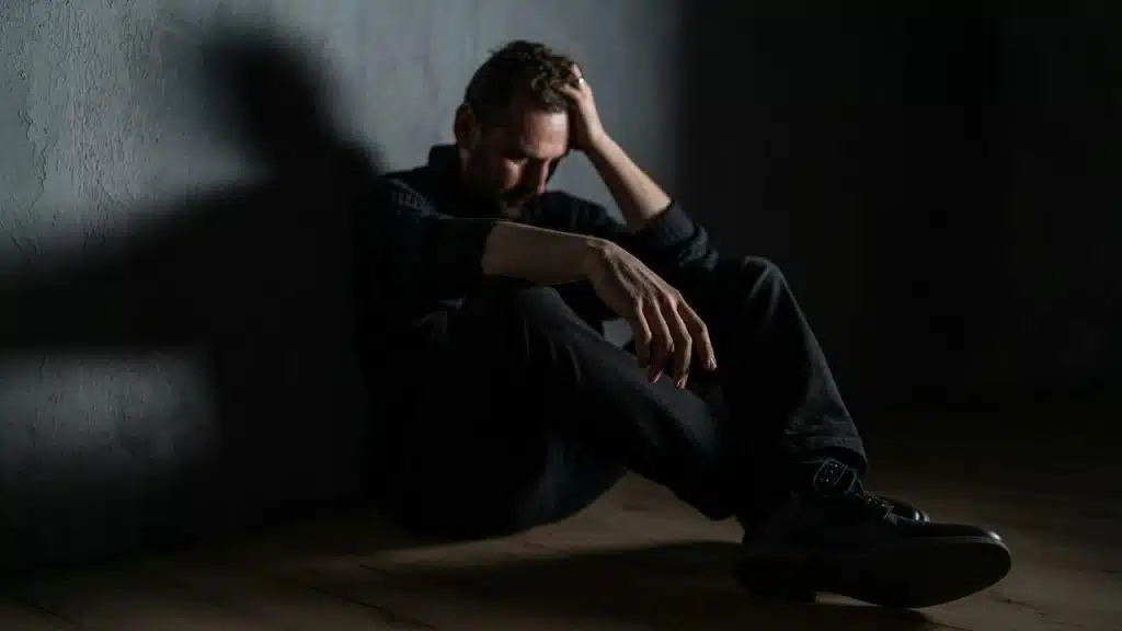 A man sits alone in a dark room with his hand on his head, looking stressed and sad.