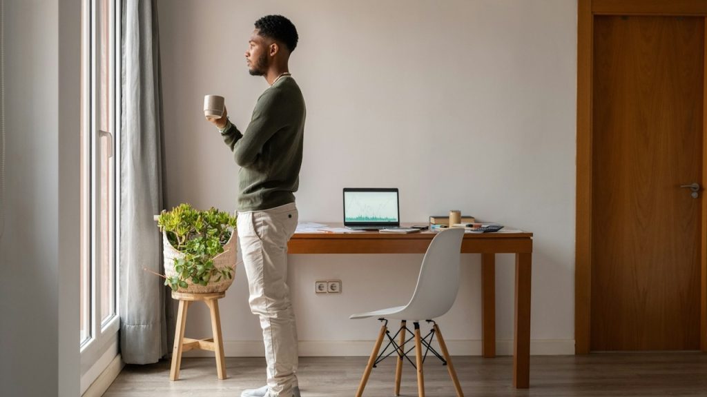 A man standing and staring out of a window as he holds a coffee cup in his hand.