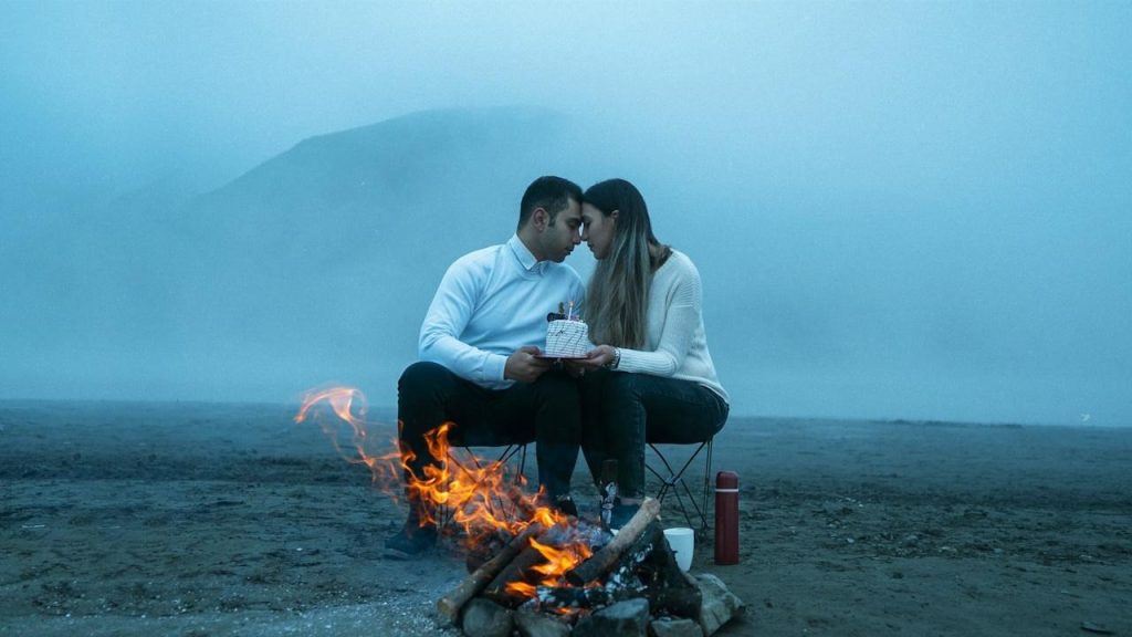 A couple touching foreheads while holding a cake by a fire.