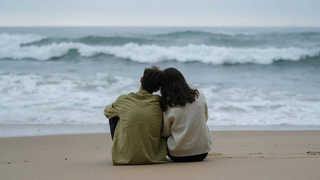 A couple sitting on the beach and touching heads.