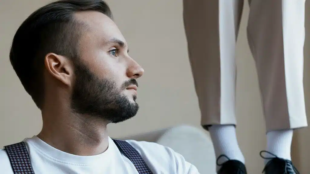 A man wearing suspenders and a white t-shirt.