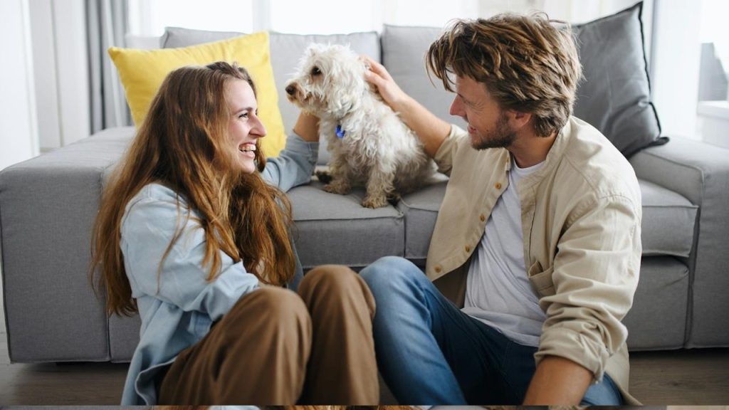 A couple sitting on the floor is pating a puppy sitting on a couch placed near them.