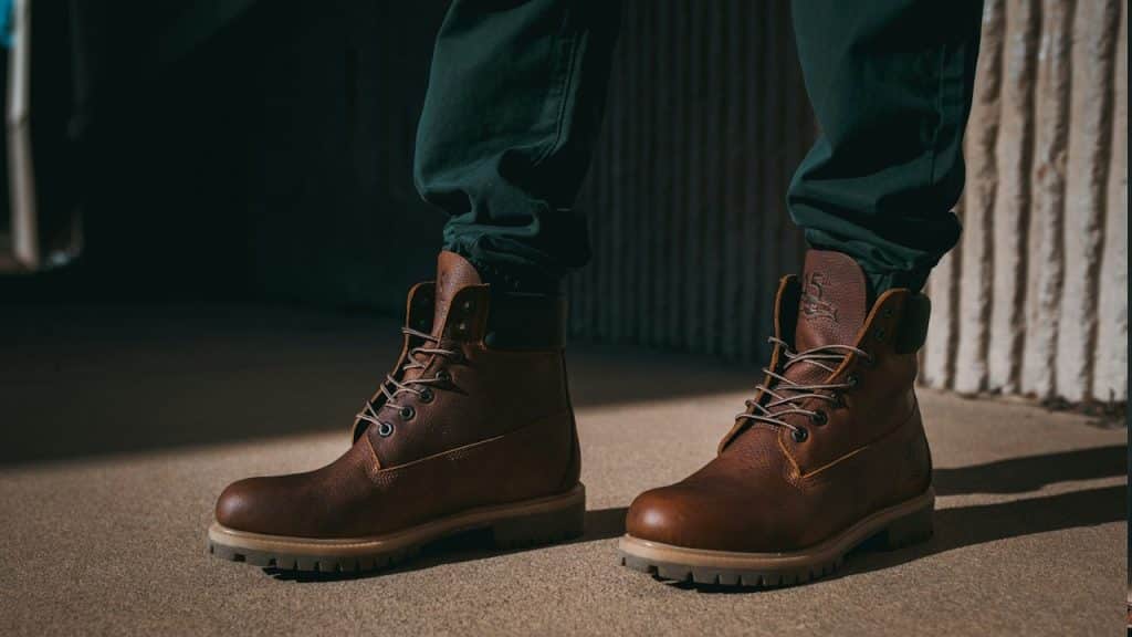 A pair of brown Timberland boots.