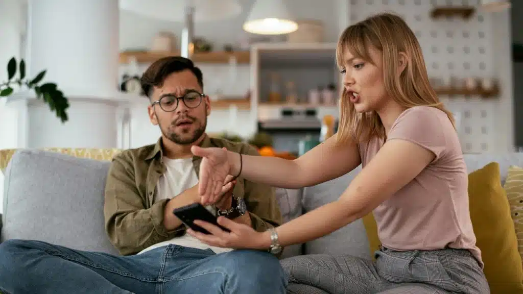 A young woman fighting with her husband and showing something on her cell phone.