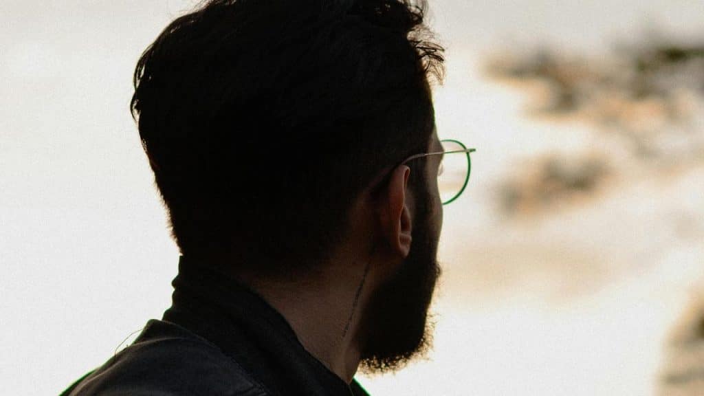 A person seen from behind wearing glasses and looking out over a blurred landscape.
