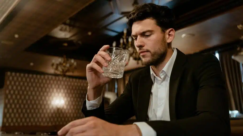 A man in a suit holding a glass and looking contemplative at a table.