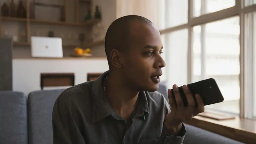 A man holding a phone near his mouth while sitting by a window indoors.
