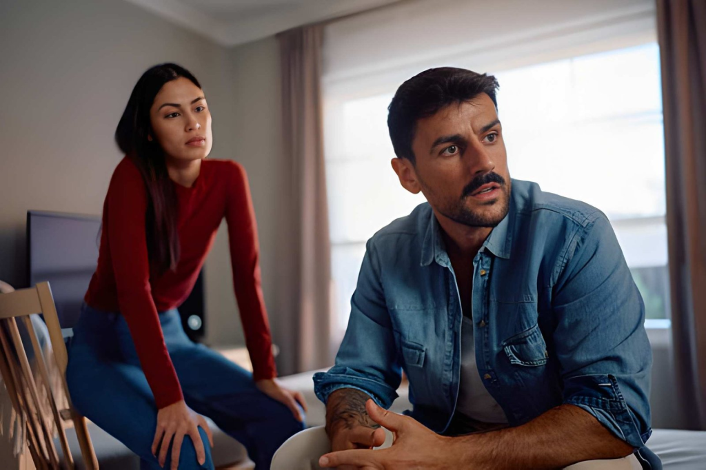 Displeased man ignoring his girlfriend