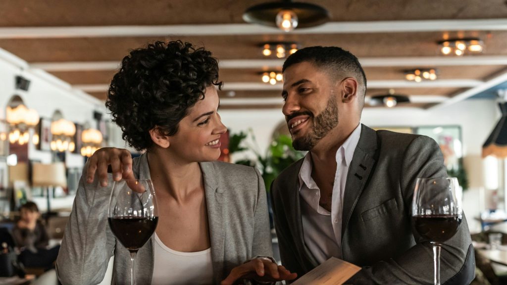 A man and woman flirting