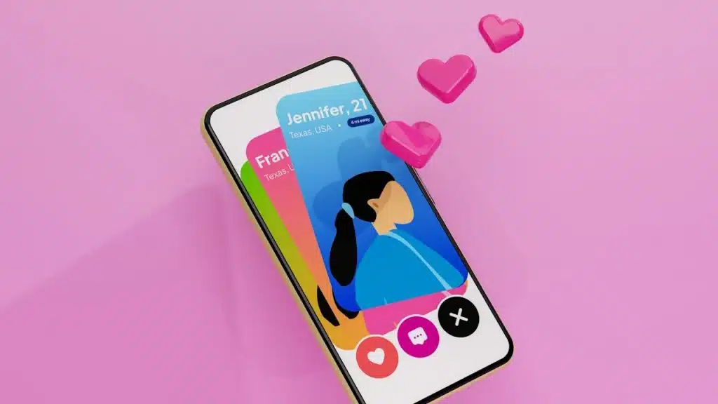 A cell phone with hearts floating out of it.